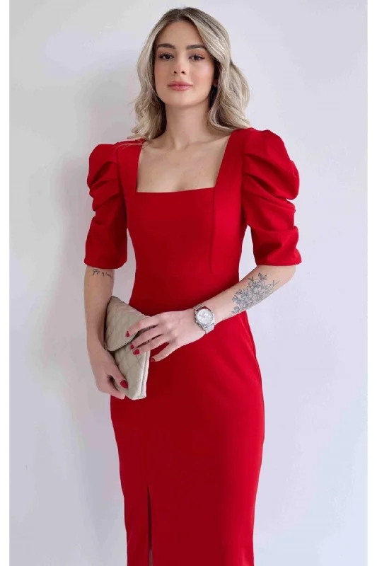 Stretch Crepe Fabric Shoulder Detail Square Collar  Red Dress REF: 026 4S1B-DKS-026