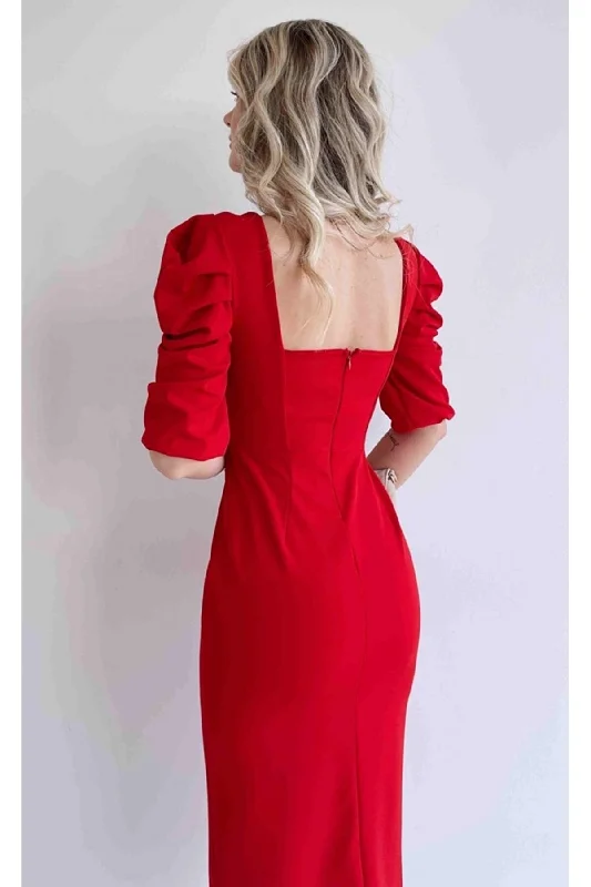 Stretch Crepe Fabric Shoulder Detail Square Collar  Red Dress REF: 026 4S1B-DKS-026