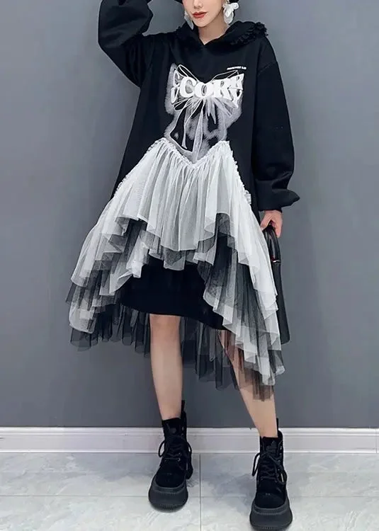 Hooded Wrinkled Tulle Cotton Dresses Fall