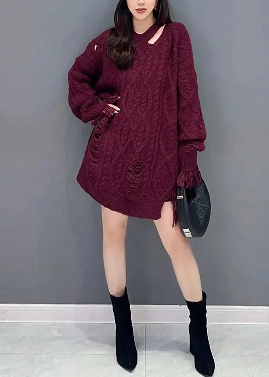 Tasseled Ripped Knit Mid Sweater Dress Fall