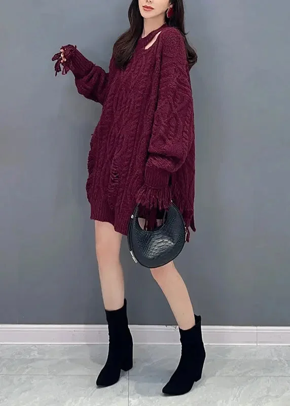 Tasseled Ripped Knit Mid Sweater Dress Fall