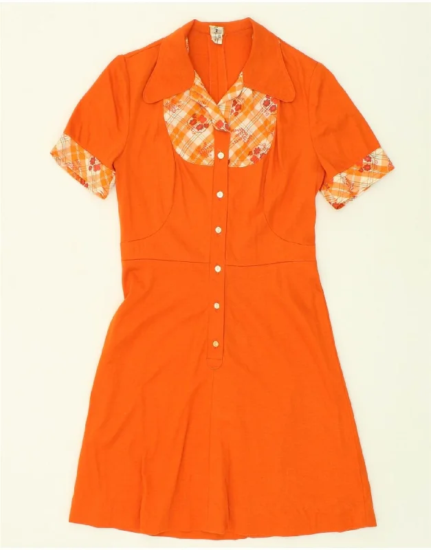 VINTAGE Womens A-Line Dress IT 42 Medium Orange Floral Cotton