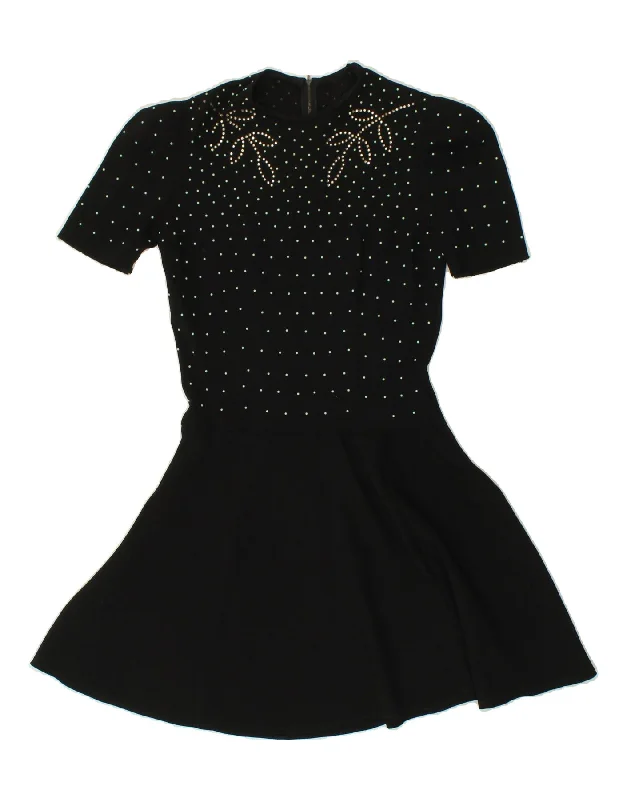 VINTAGE Womens Short Sleeves Basic Dress UK 10 Small Black Spotted