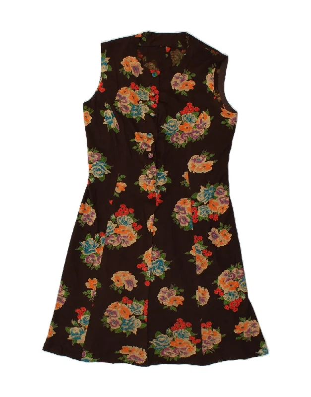 VINTAGE Womens Sleeveless A-Line Dress UK 12 Medium Brown Floral