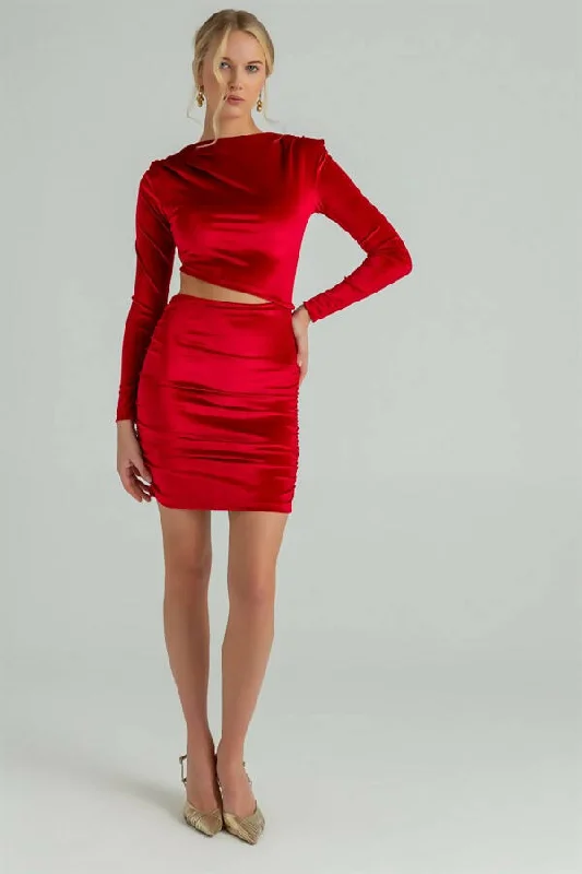 Waist Low Cut Velvet Dress - RED REF : BCW065ELB0007124