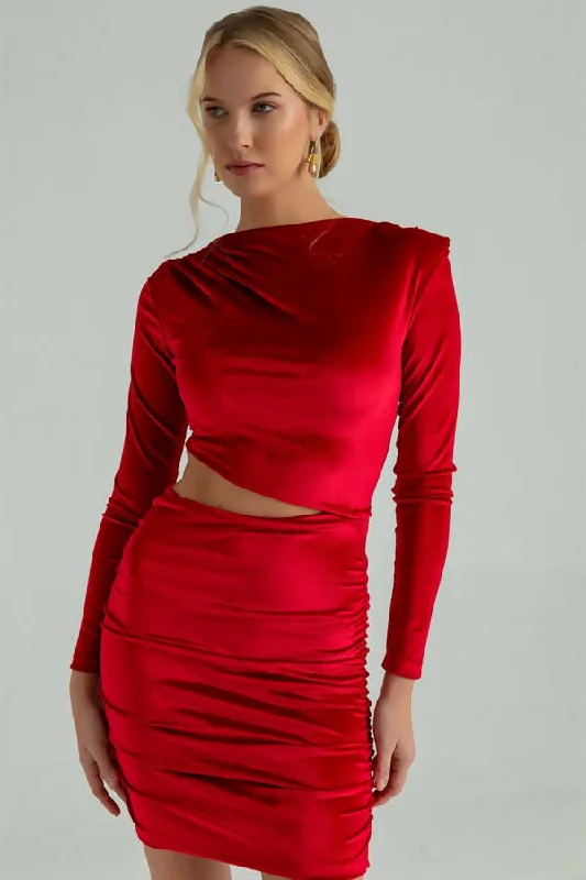 Waist Low Cut Velvet Dress - RED REF : BCW065ELB0007124