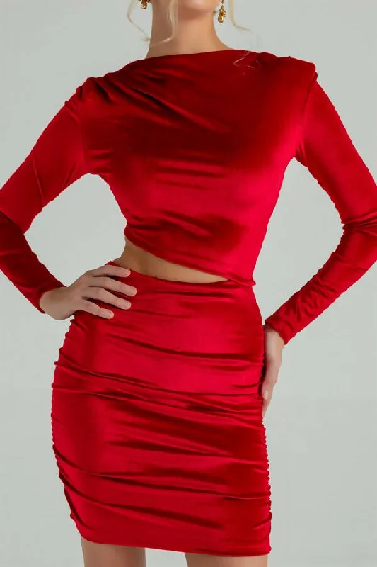 Waist Low Cut Velvet Dress - RED REF : BCW065ELB0007124