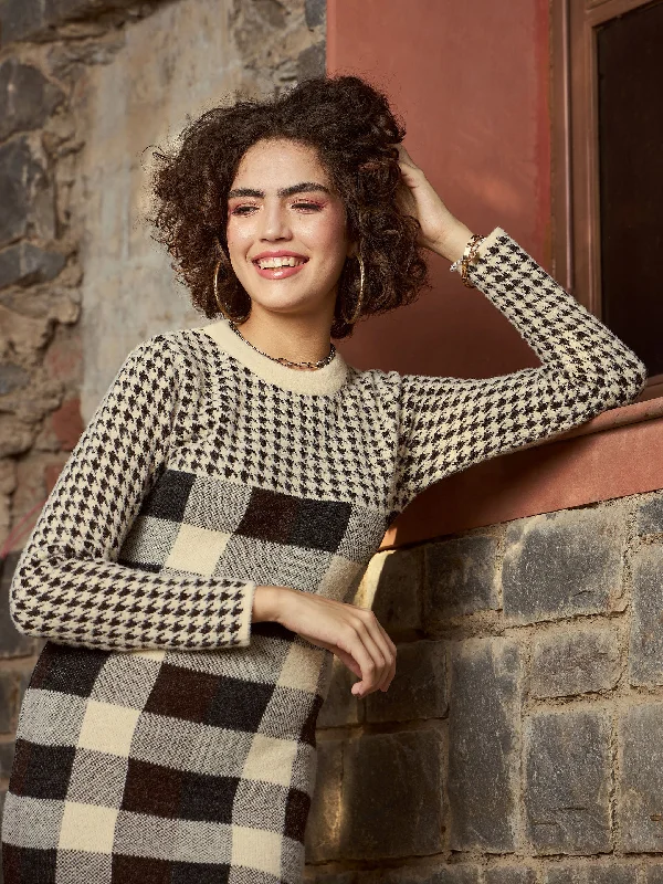 Women Beige Check Woolen Sweater Dress