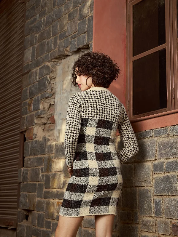 Women Beige Check Woolen Sweater Dress