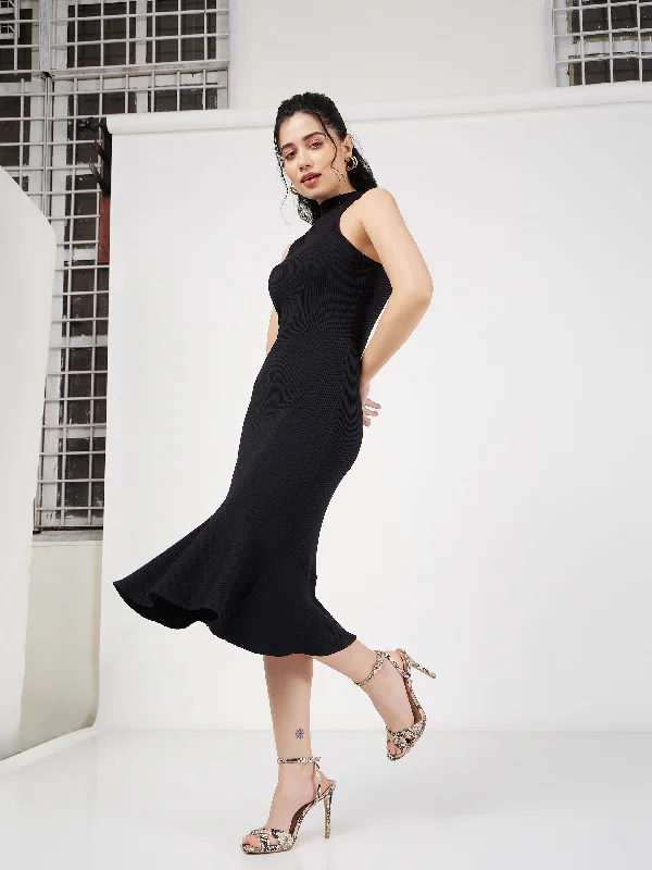 Women Black Rib Fish Frill Bodycon Midi Dress