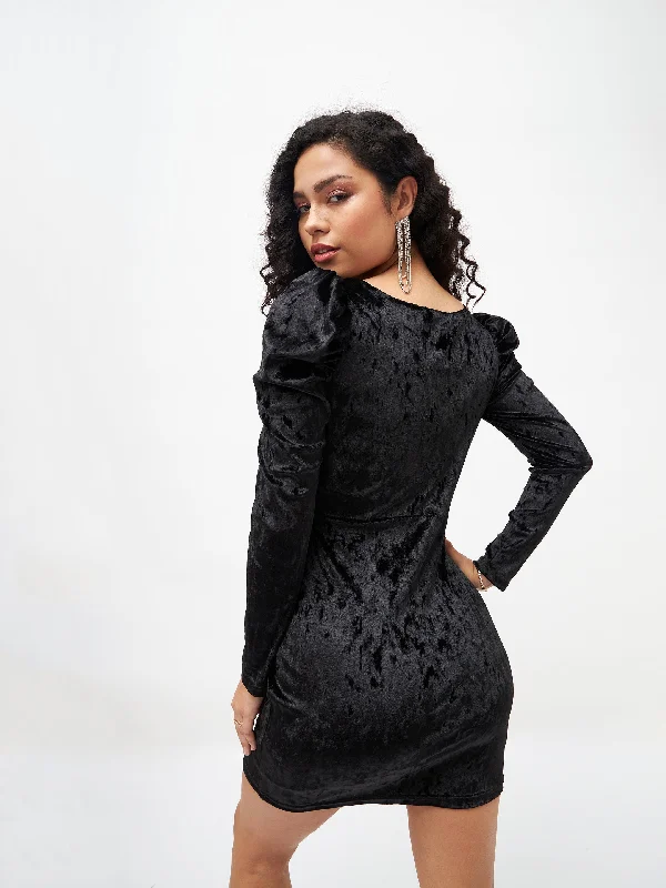 Women Black Velvet Puff Sleeves Bodycon Dress