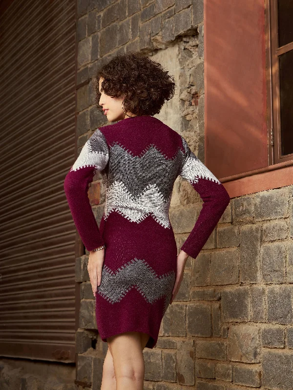 Women Maroon Zig Zag Woolen Sweater Dress