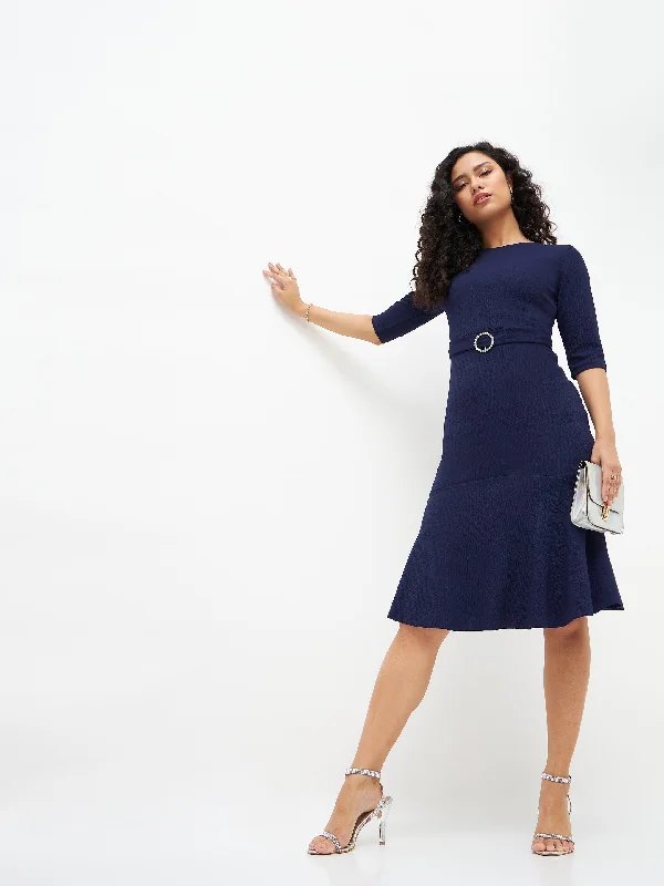 Women Navy Frill Hem Belted Midi Dress