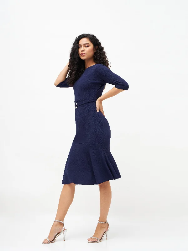 Women Navy Frill Hem Belted Midi Dress