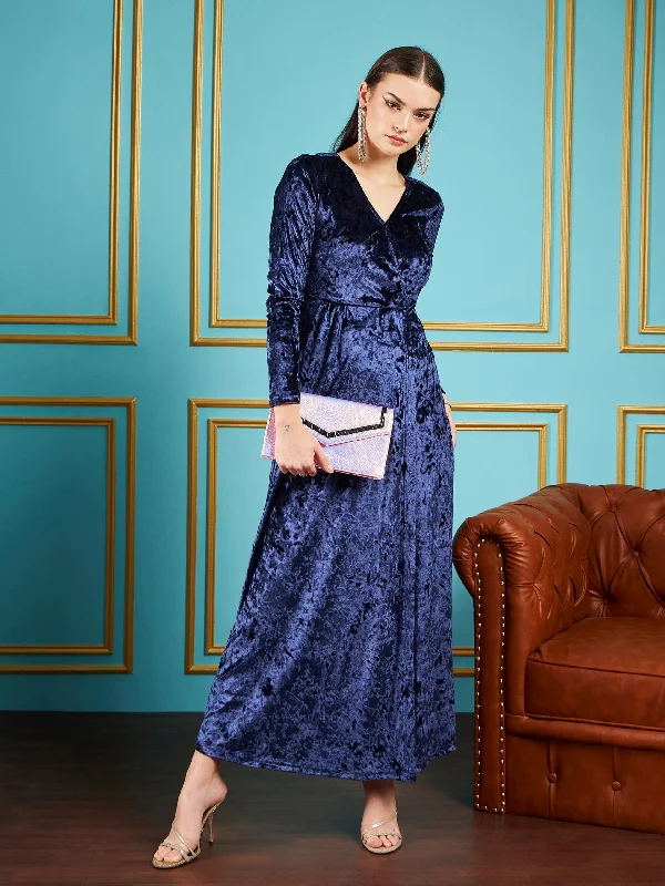 Women Navy Velvet Front Slit Maxi Dress