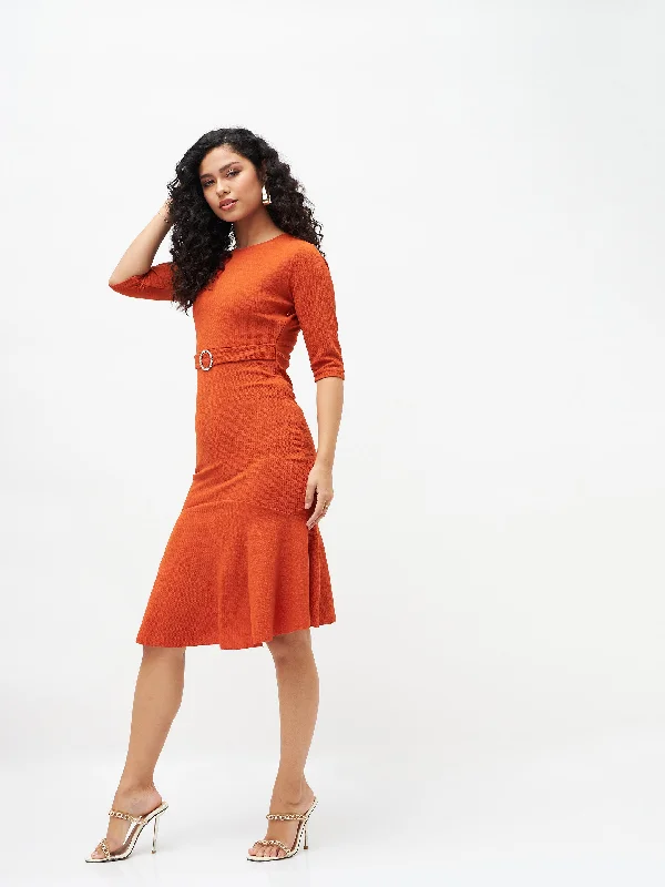 Women Orange Frill Hem Belted Midi Dress