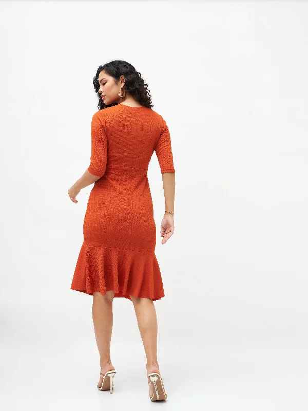 Women Orange Frill Hem Belted Midi Dress