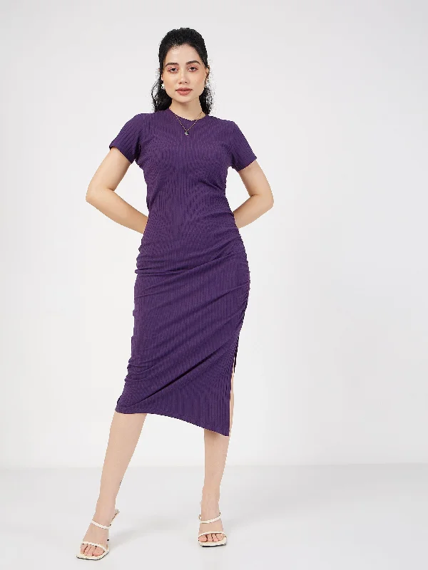 Women Purple Rib Side Ruched Bodycon Maxi Dress