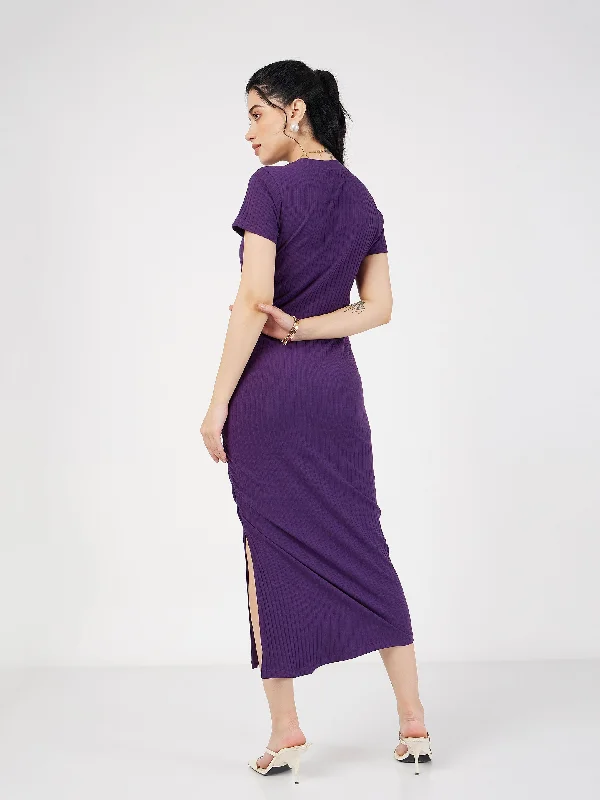 Women Purple Rib Side Ruched Bodycon Maxi Dress