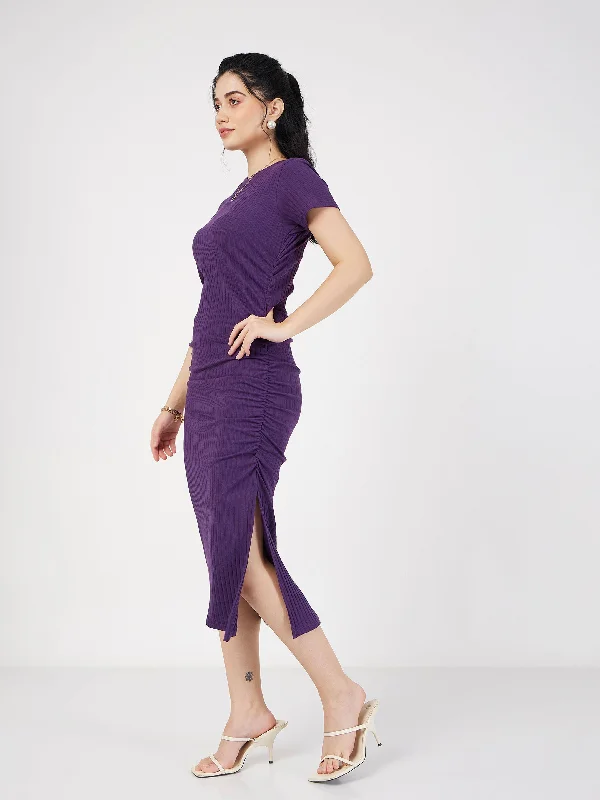 Women Purple Rib Side Ruched Bodycon Maxi Dress