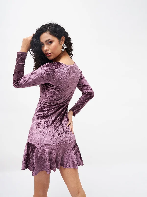 Women Purple Velvet Frill Hem Mini Dress