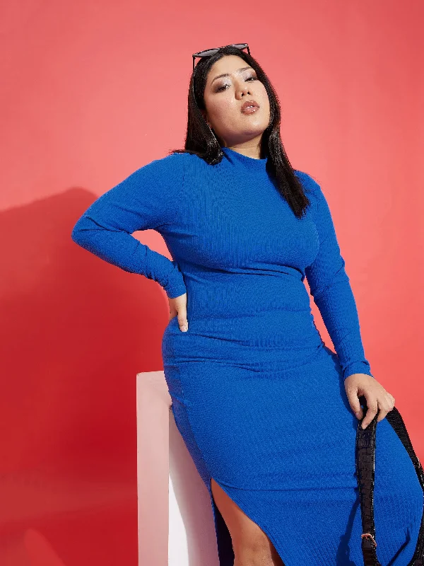 Women Royal Blue Rib Side Slit Bodycon Midi Dress