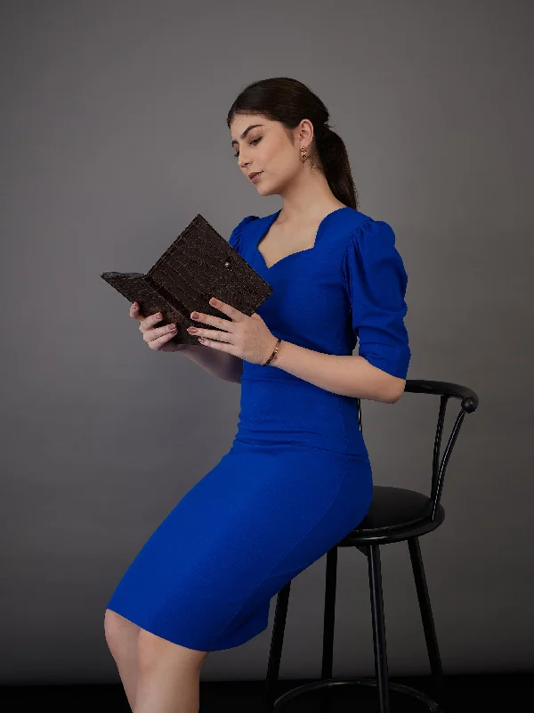 Women Royal Blue Sweetheart Neck Bodycon Midi Dress