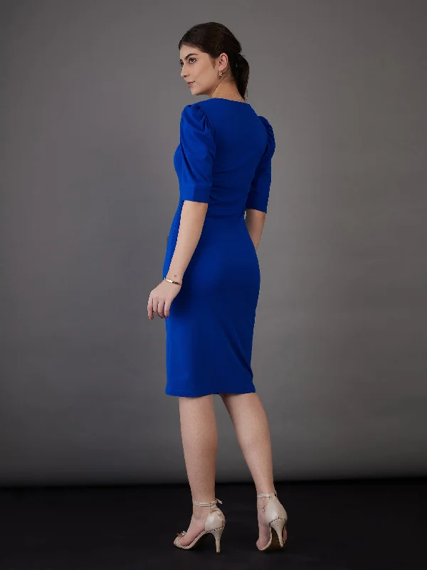 Women Royal Blue Sweetheart Neck Bodycon Midi Dress