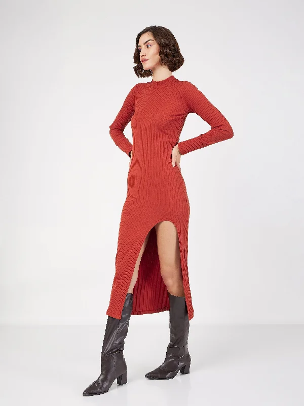 Women Rust Rib Turtle Neck Front Slit Dress