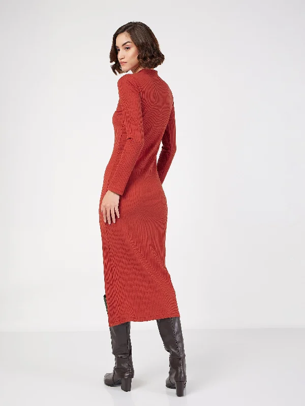 Women Rust Rib Turtle Neck Front Slit Dress