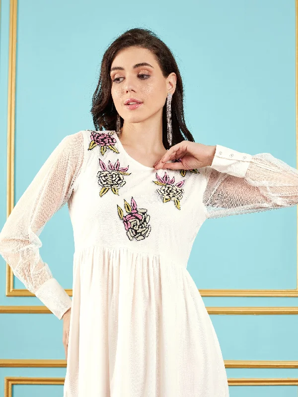 Women White Front Embellished Mesh Skater Dress