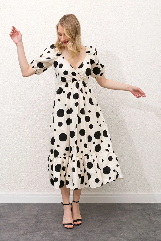 Women's Beige Double Breasted Collar Sleeve And Elastic Waist Elastic Skirt Volleyball Large Polka Dot Dress REF : 3606