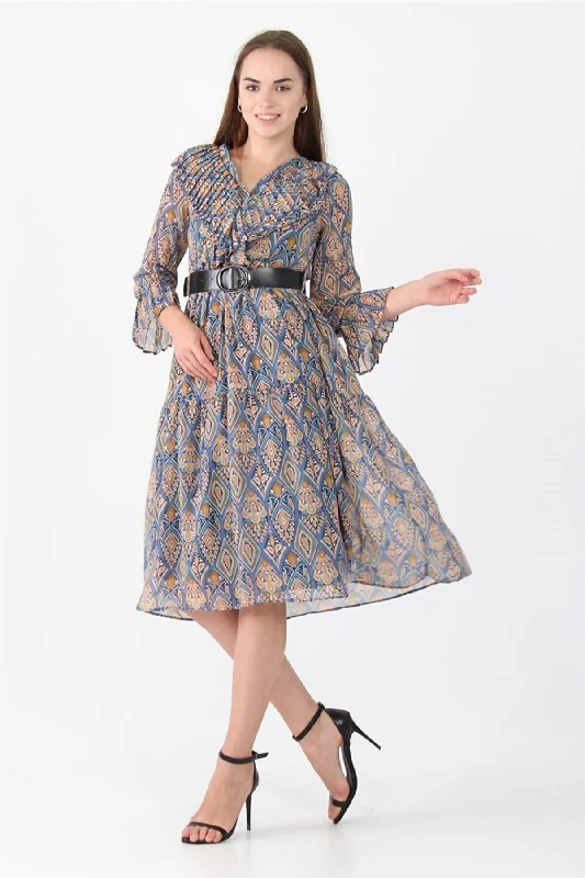 Women's Collar and Sleeves Flounce Belt Chiffon Dress REF: Ms0006 MS0006