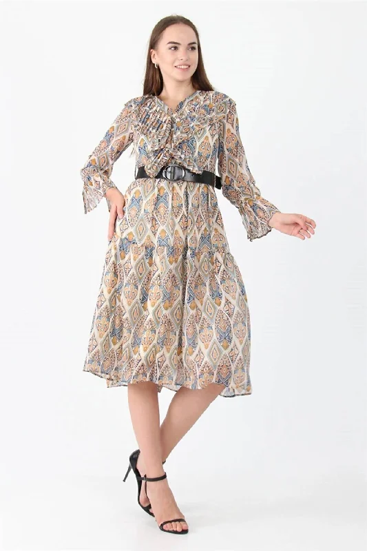 Women's Collar And Sleeves Flounce Belt Chiffon dress REF: Ms0006 MS0006