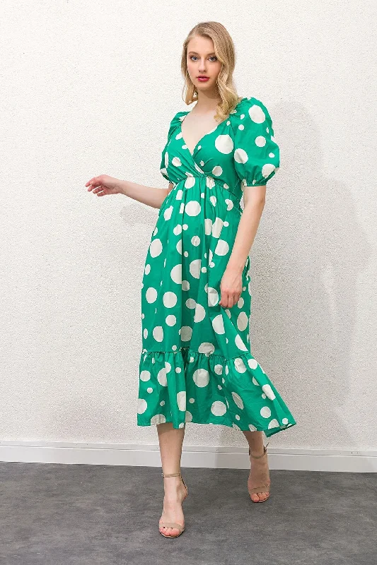 Women's Green Double Breasted Collar Sleeve And Elastic Waist Elastic Skirt Volleyball Large Polka Dot Dress REF : 3606