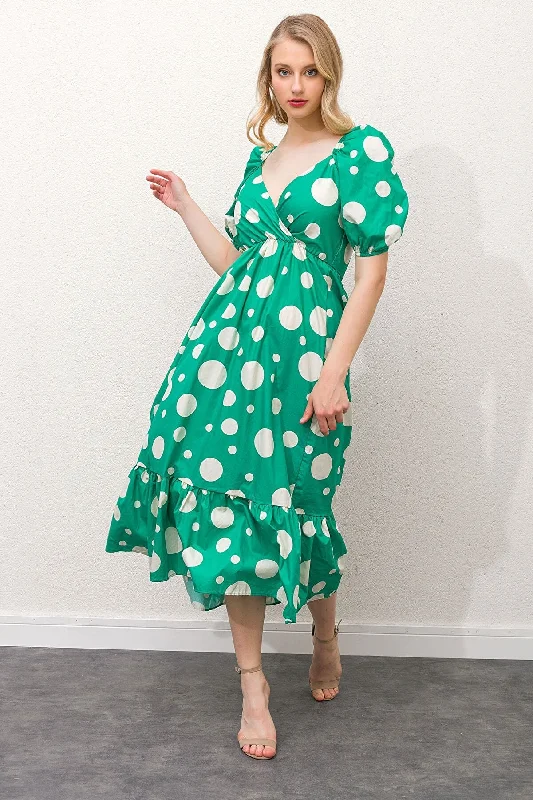 Women's Green Double Breasted Collar Sleeve And Elastic Waist Elastic Skirt Volleyball Large Polka Dot Dress REF : 3606