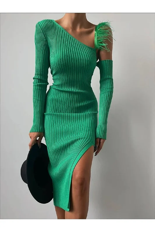 Women's Green One Sleeve Feather Strap Dress