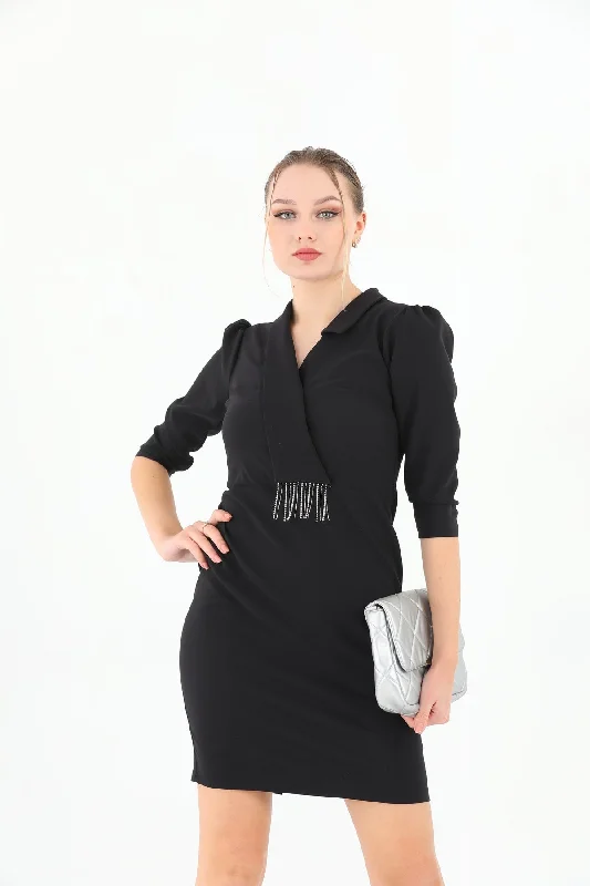 X Modapo Women's Chain Detailed Double Breasted Mini Office Dress REF :  ETS8536