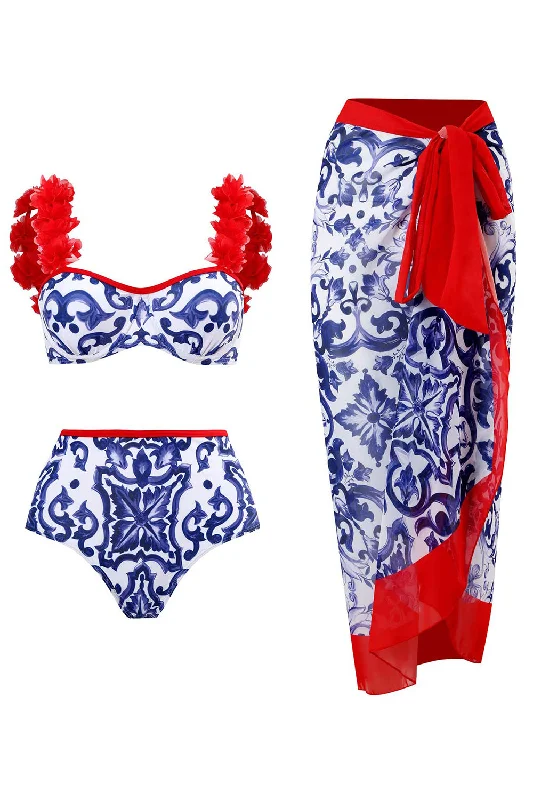 3 Piece Blue and White Porcelain Printing Swimwear Set with Beach Dress