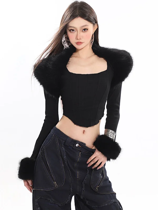 Angela Solid Color Black Fur Collar Sleeve Crop Top, Cute Slim Long Sleeve Corset Top