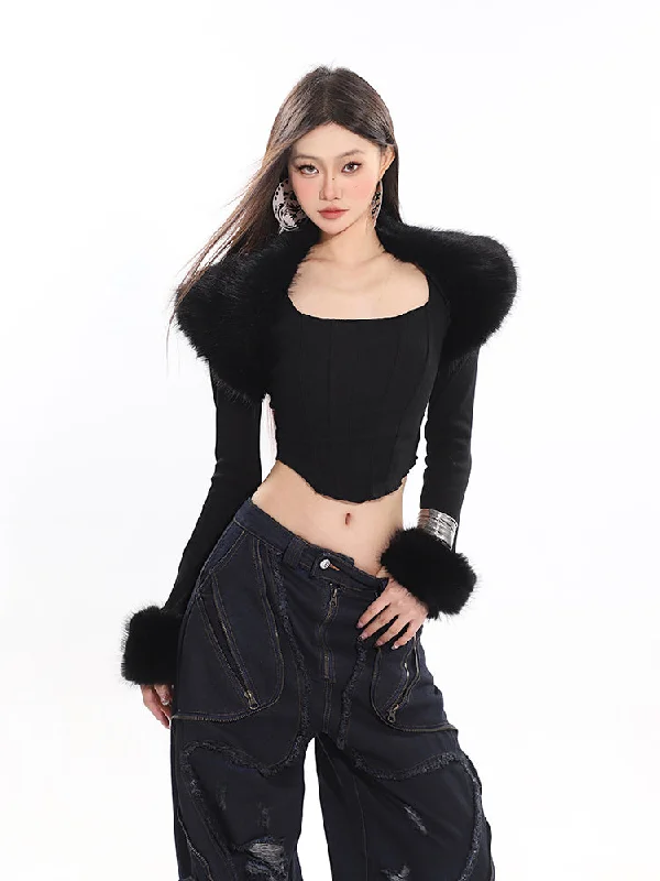 Angela Solid Color Black Fur Collar Sleeve Crop Top, Cute Slim Long Sleeve Corset Top