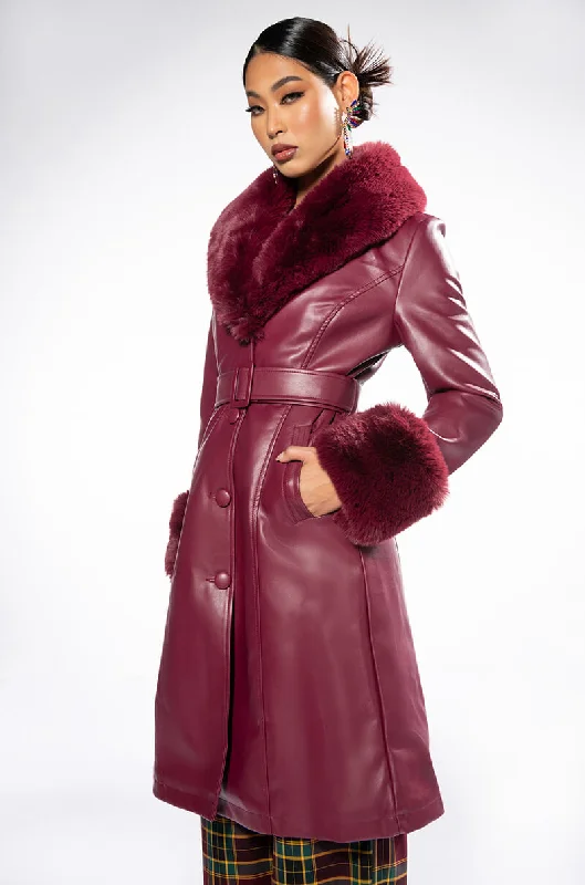 AZALEA WANG MARBOLO PU TRENCH WITH FAUX FUR TRIM