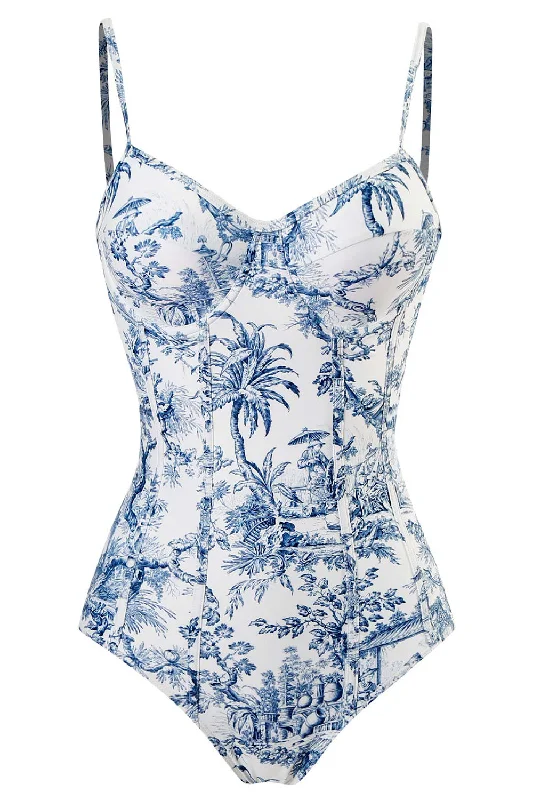 Blue Printed High Waist One Piece Swimwear