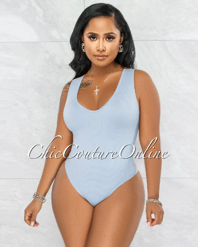 Busie Windy Blue V-Neck Ribbed Body-Con Bodysuit