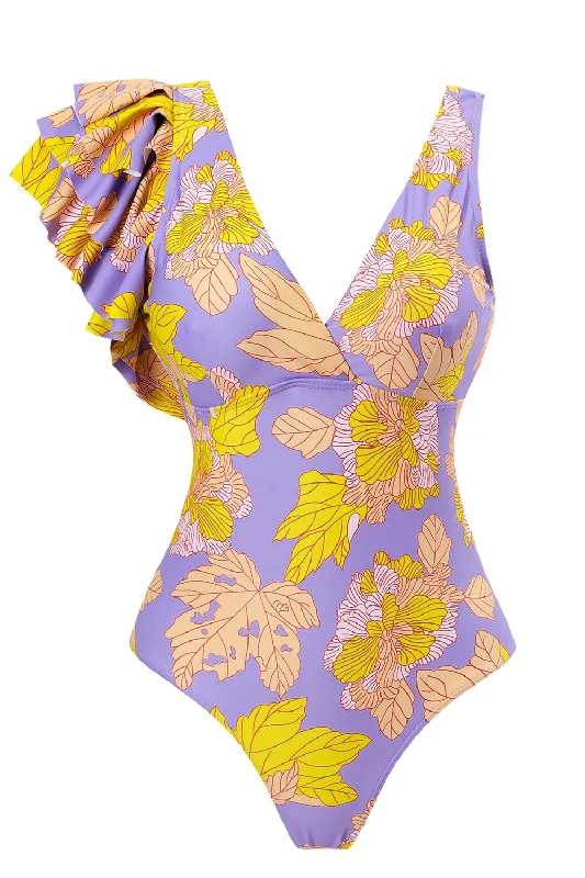 Flower Printed High Waist One Piece Purple Swimsuit