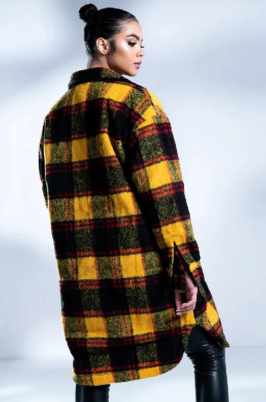 FUZZY PLAID LONG SHACKET WITH QUILTED LINING