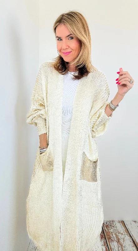 Mirrored Metallic Sugar High Italian Long Cardigan- Ivory/ Gold