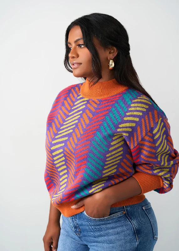 Niambi Women's African Print Crew Neck Sweater (Rainbow Tribal Lines)