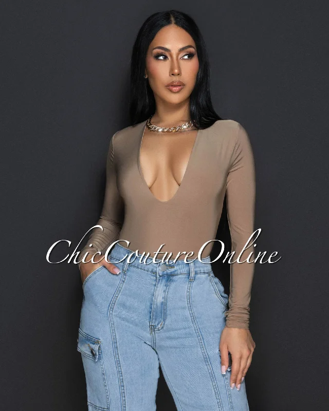 Nilam Mocha Deep V Neck Long Sleeves Bodysuit