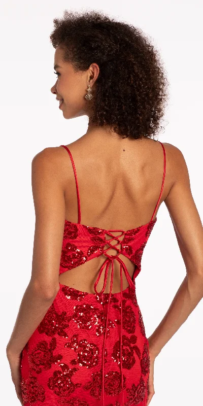 Rose Pattern Sequin Lace Up Back Bodycon Dress